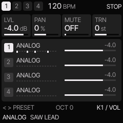 Test15 track overview with four parameter cards and four track rows
