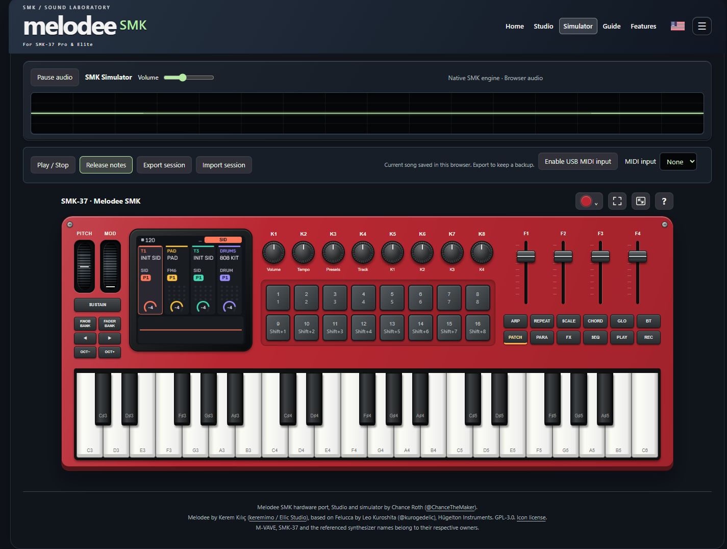 Melodee SMK simulator with native screen, keys, pads, faders and wheels