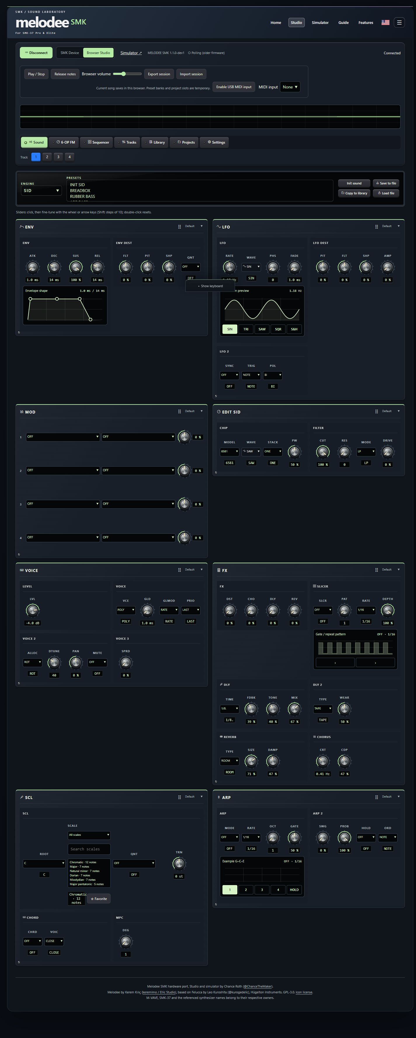 Melodee SMK Studio with native sound controls and browser keyboard